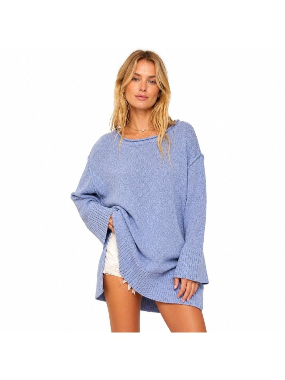 FREE PEOPLE BEACH MELANIE sweater dress tunic blue SMALL roll collar oversized